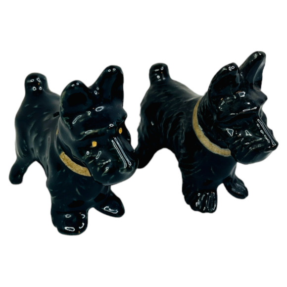 Vintage Scottie Dog Figurine Lot of 2 Puppy Black Gold Small Hollow Bottom 2" - Picture 1 of 9
